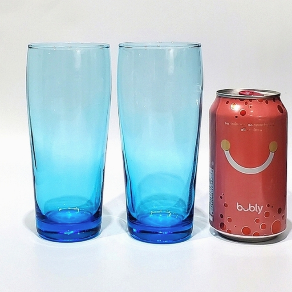 NWT (2pc Set) Cristar 16oz Bilbao Laser Sky Blue Tall 6 1/2" Glass Tumblers